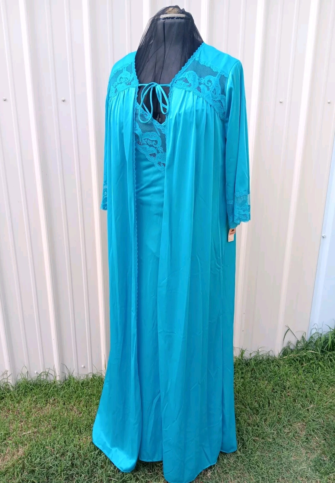 Vtg Texsheen Lingerie Peignoir Robe M & Gown L Set Teal Retro Mid Century