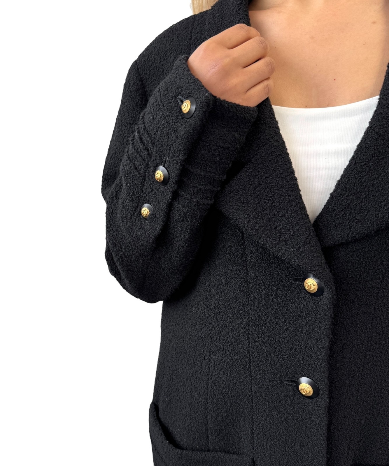 CHANEL Vintage CC Mark Logo Gold Button Jacket Black Wool Silk Pockets