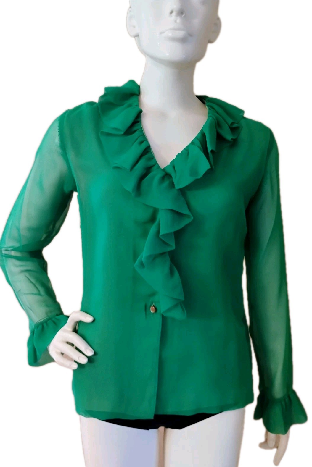 VTG 1964-73 « Miss H by Herman Hochberg » Green Ruffled L/S Blouse