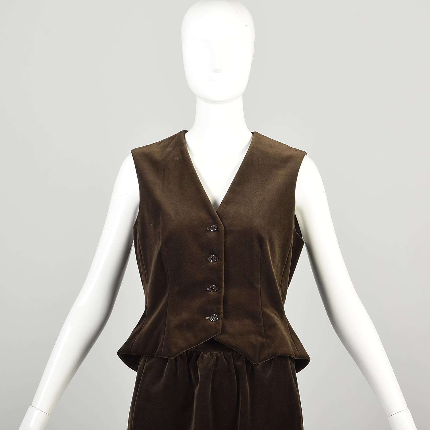 Small 1970s Halston Brown Velvet Two Piece Set Vest and Skirt Button Up Vest