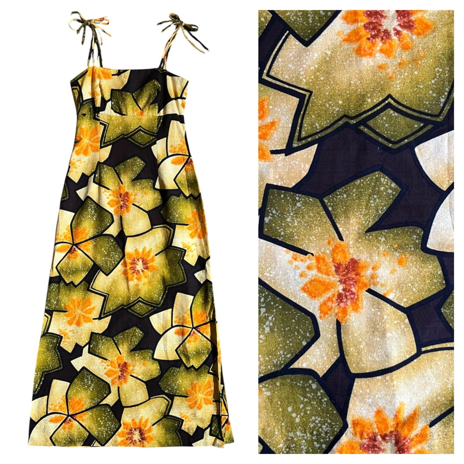 VTG 60s 70s Hawaiian Barkcloth Maxi Dress floral yellow Shoulder tie Sleeveless
