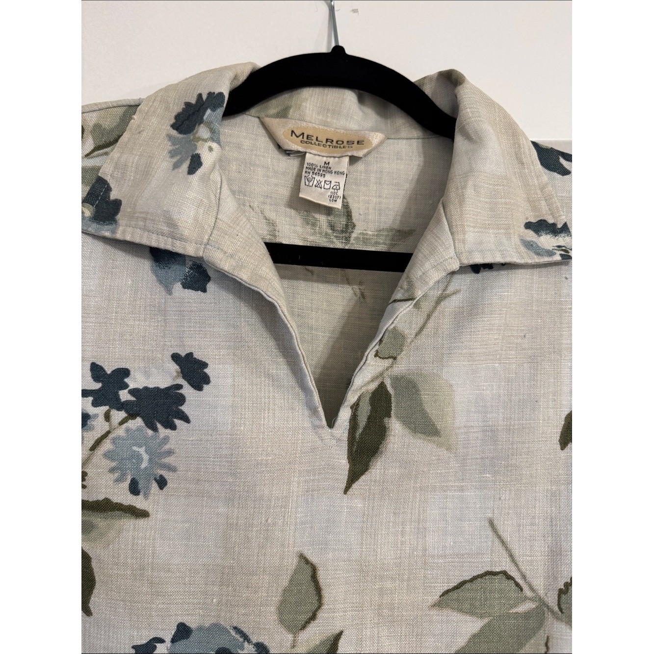VTG 80s Floral Short Sleeve Cropped Blouse Blue Green 100% Linen Relaxed Collar