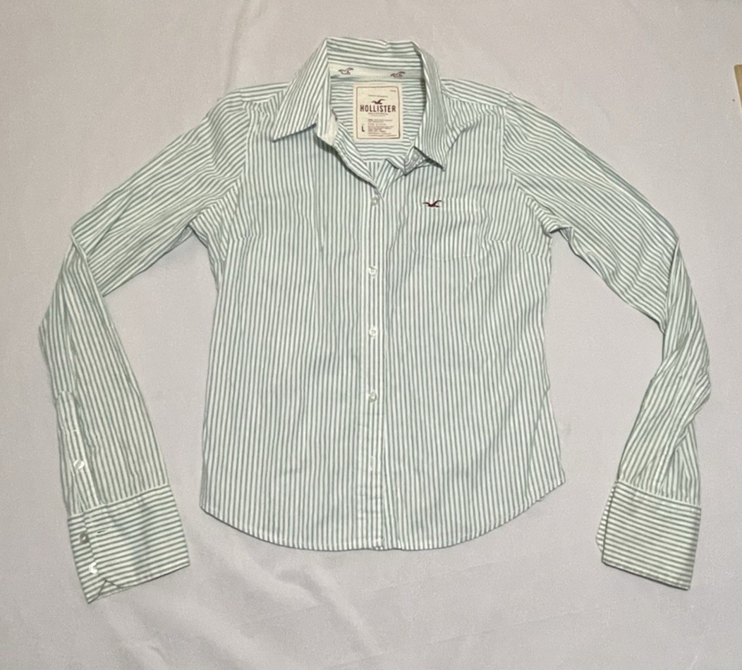 Hollister Striped Button Up Shirt Green White Y2K Preppy Womens Large