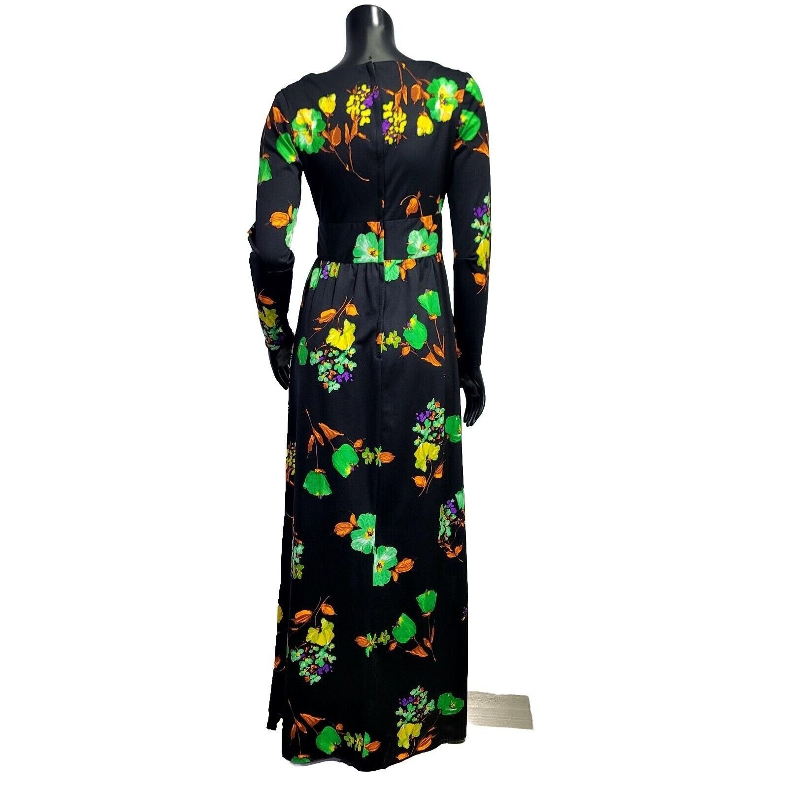 Vintage 70s Black Floral Maxi Dress S Cowl Neck Long Sleeve Mod Boho Glam