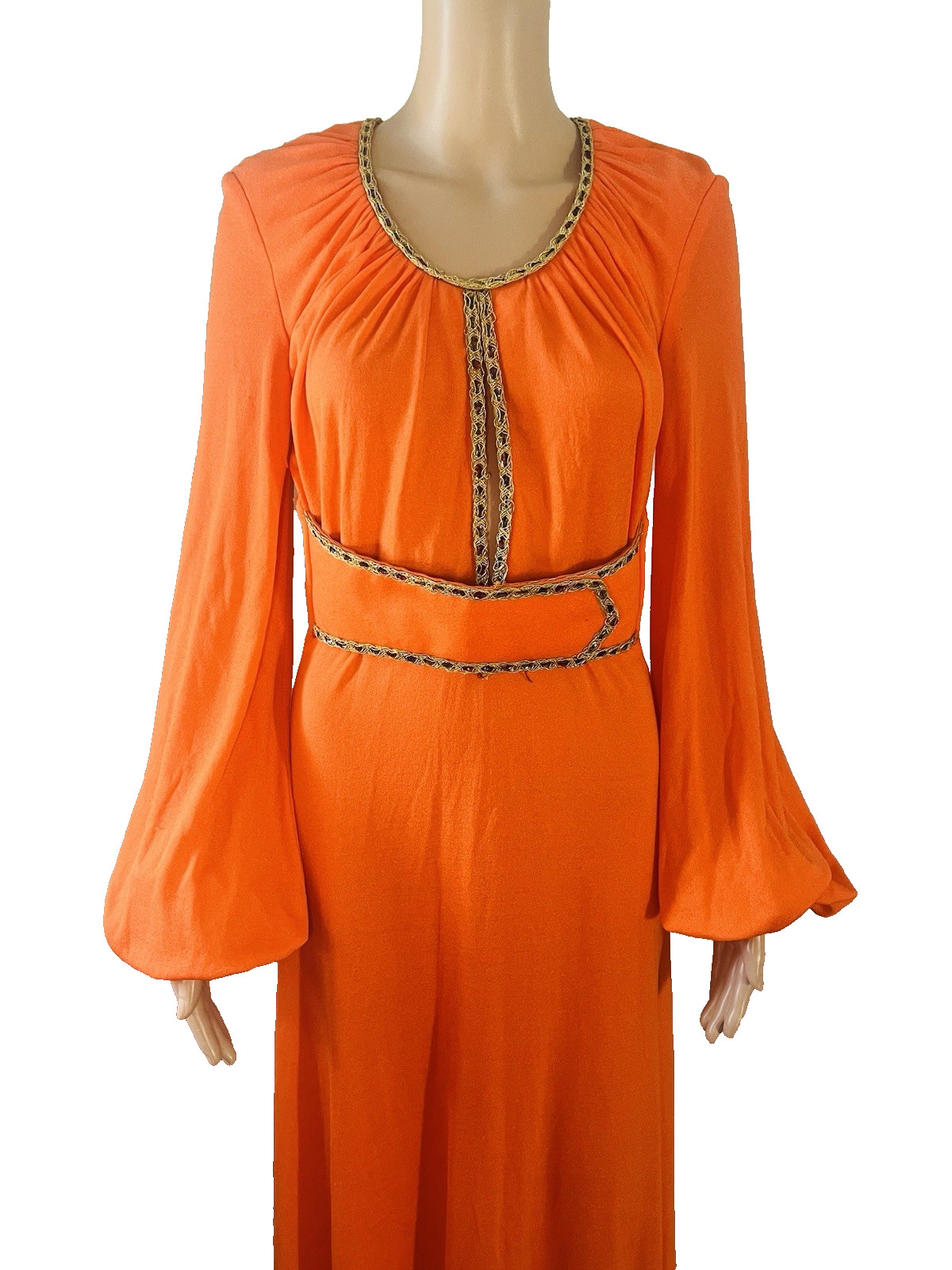VTG 70s Funky Mod Orange Belted Maxi Dress Sexy Plunging Keyhole Front/Back Med