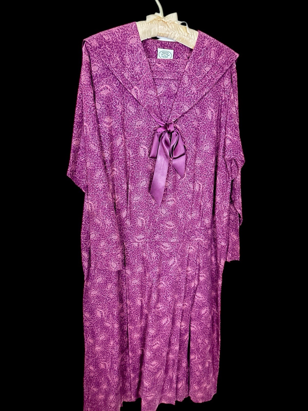 Vtg 80s Laura Ashley edwardian drop waist sailor Collar Homespun Midi Dress 12