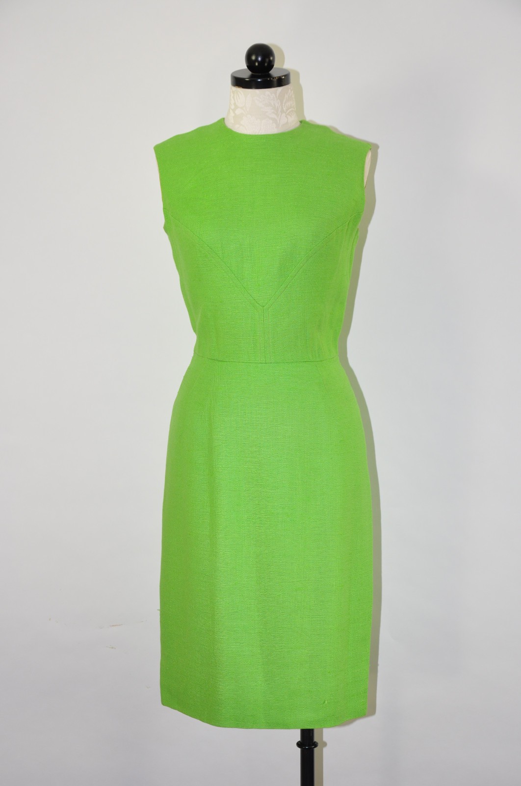 60s Vintage Lime Green Linen Crew Sleeveless Pencil Wiggle Sheath Dress Women S
