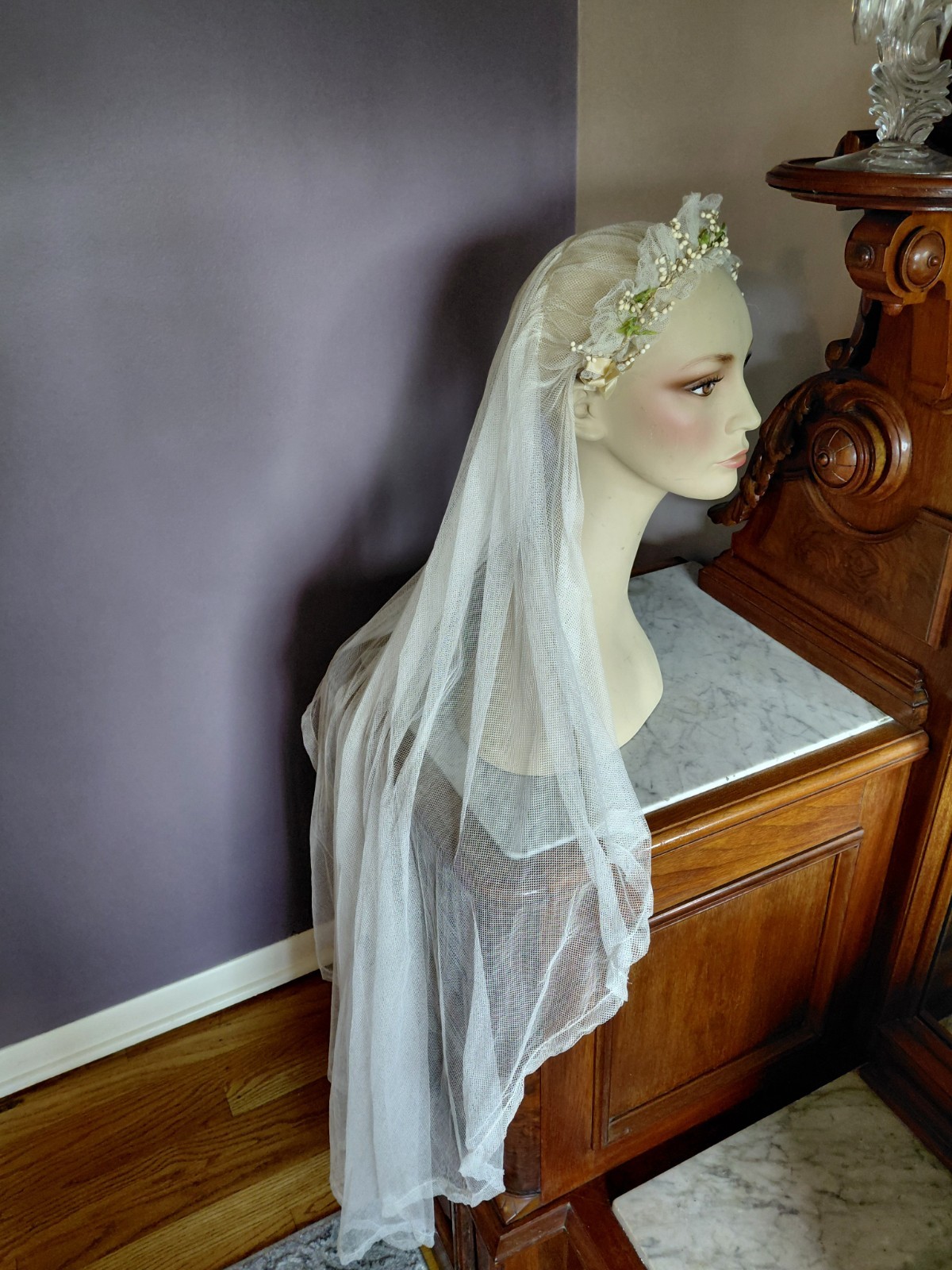 Antique Vintage 1920&rsquo;s Wedding Bridal Veil Wax Orange Blossom Buds Peach Ribbons