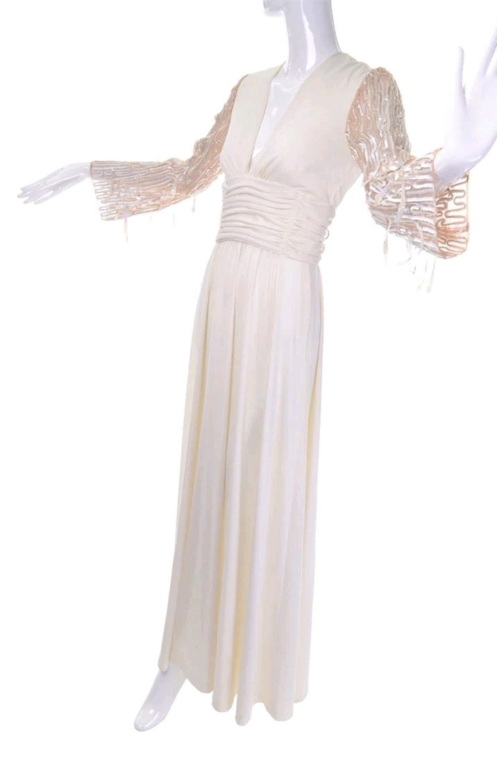 Vtg 70s Lilli Diamond Maxi Dress Gown XS/S Ivory Drop Sequin Statement Sleeves