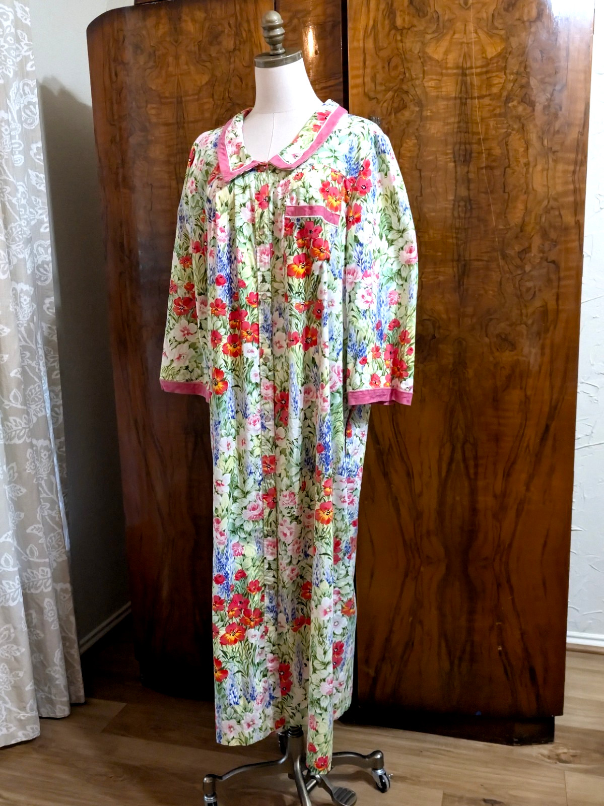 Vtg Models Coat by Swirl Grandmacore Floral Maxi Duster 18 Housecoat Pink Trim