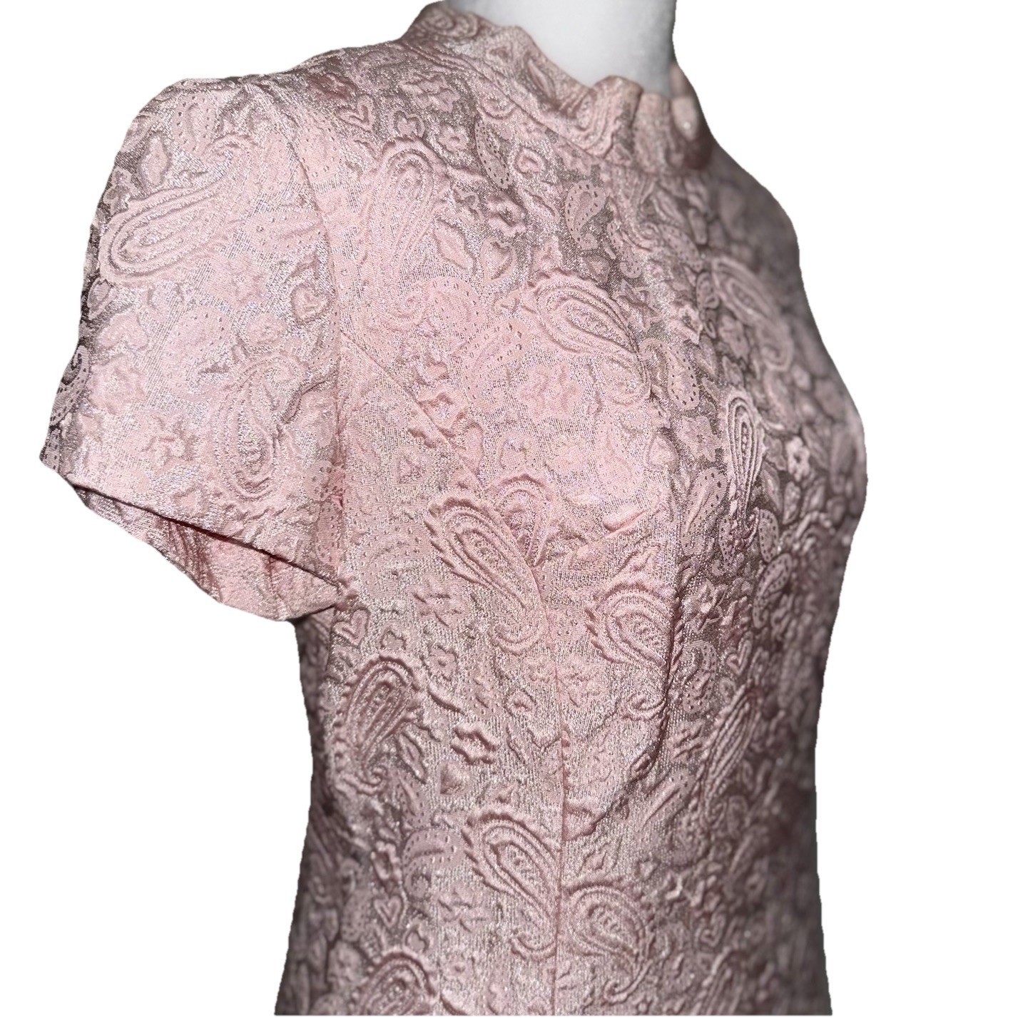 Vtg Party Dress 60s Paisley Pink & Silver Brocade Mod Cocktail Harmay S 6 36