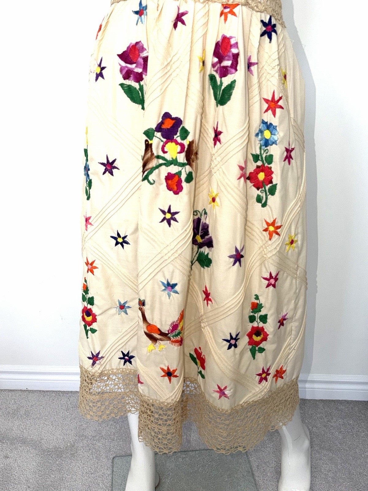 Vintage 1970s Mexican Embroidered Festival Cream Prairie Crochet DRESS