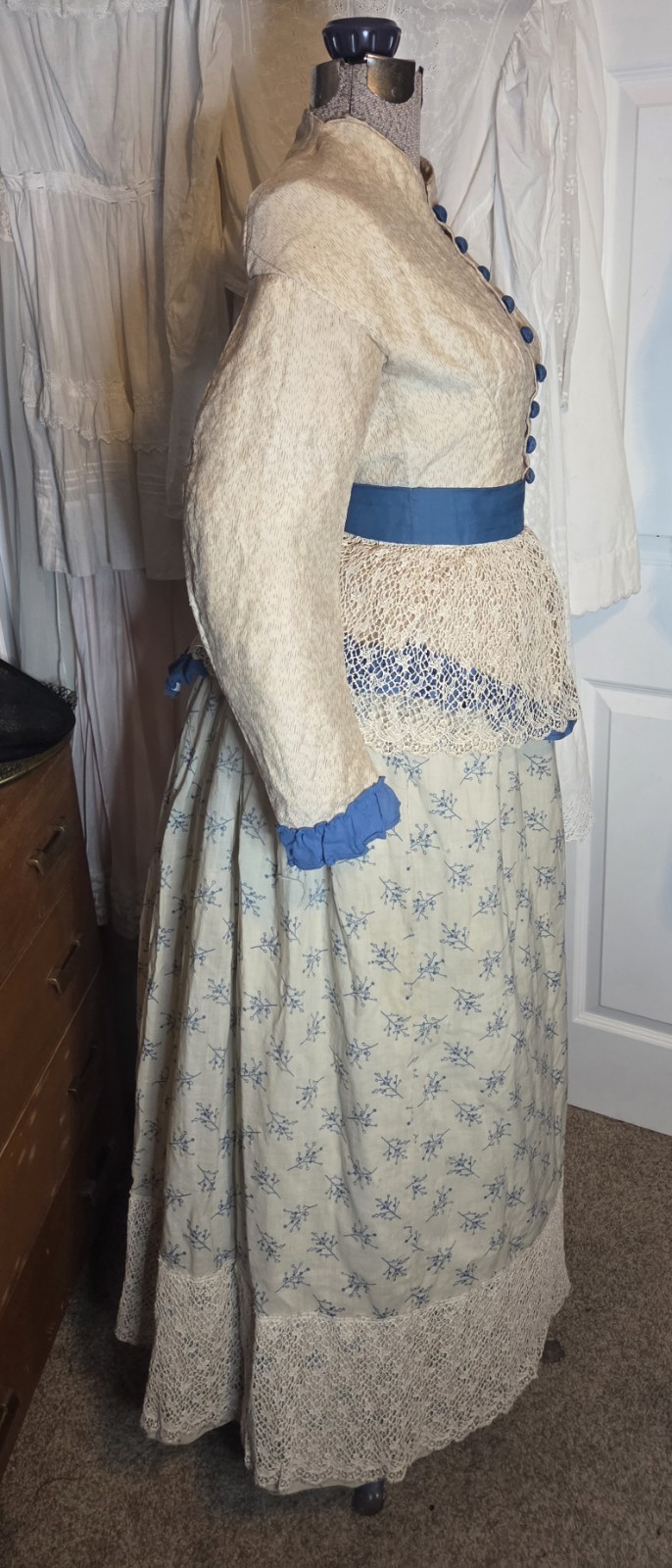 1850s Victorian 4pc Beige/Teal Cotton Blend Visiting Dress w/ Peplum & Lace Belt