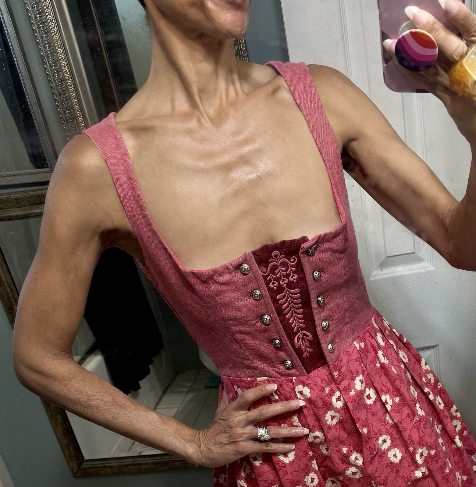 VTG Kibek Dirndl Sportalm Austria Pink Dress Corset Floral Embroidery Metal XS S