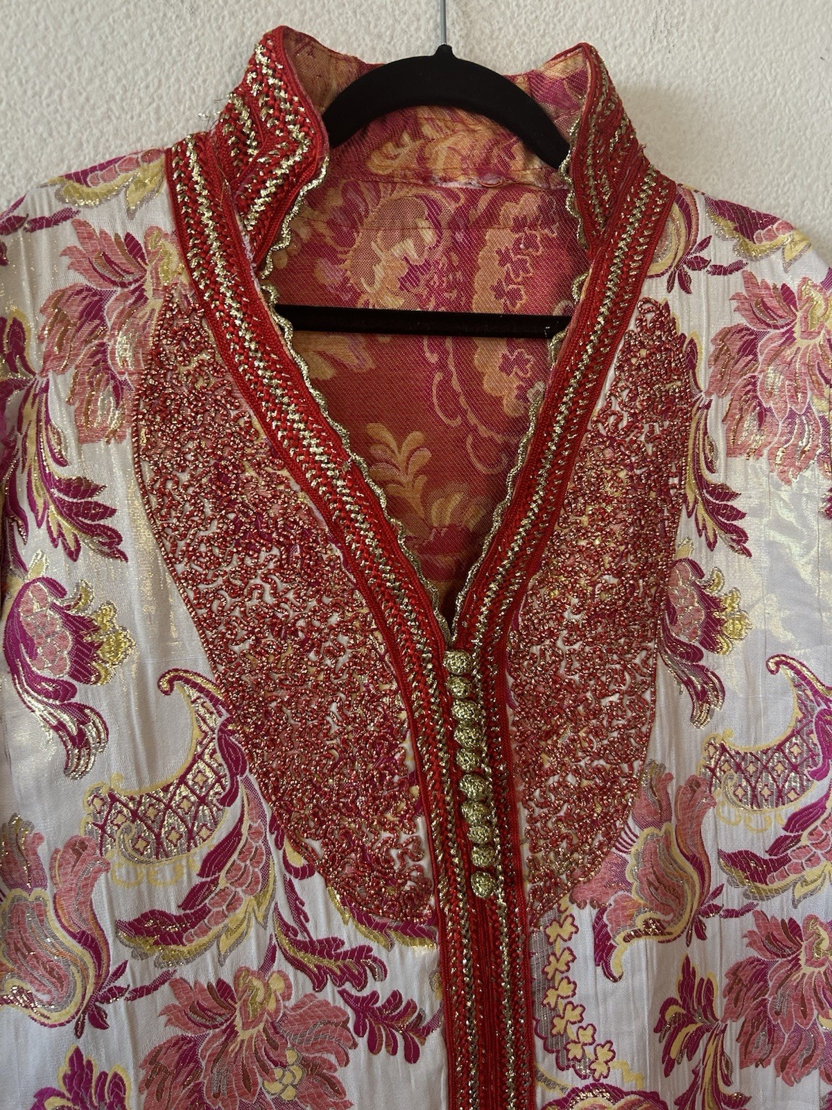 Vintage 1970’s Moroccan Brocade Kaftan Maxi Dress Pink Gold Embroidered L/XL