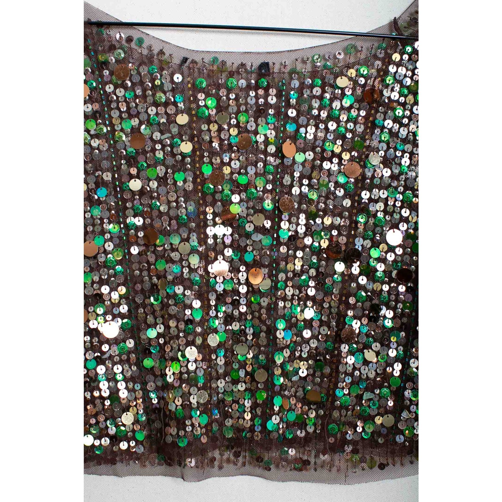 Vintage Sequin Crop Top Brown Mesh Green Silver Gold Scoop Neck Long Sleeve S/M