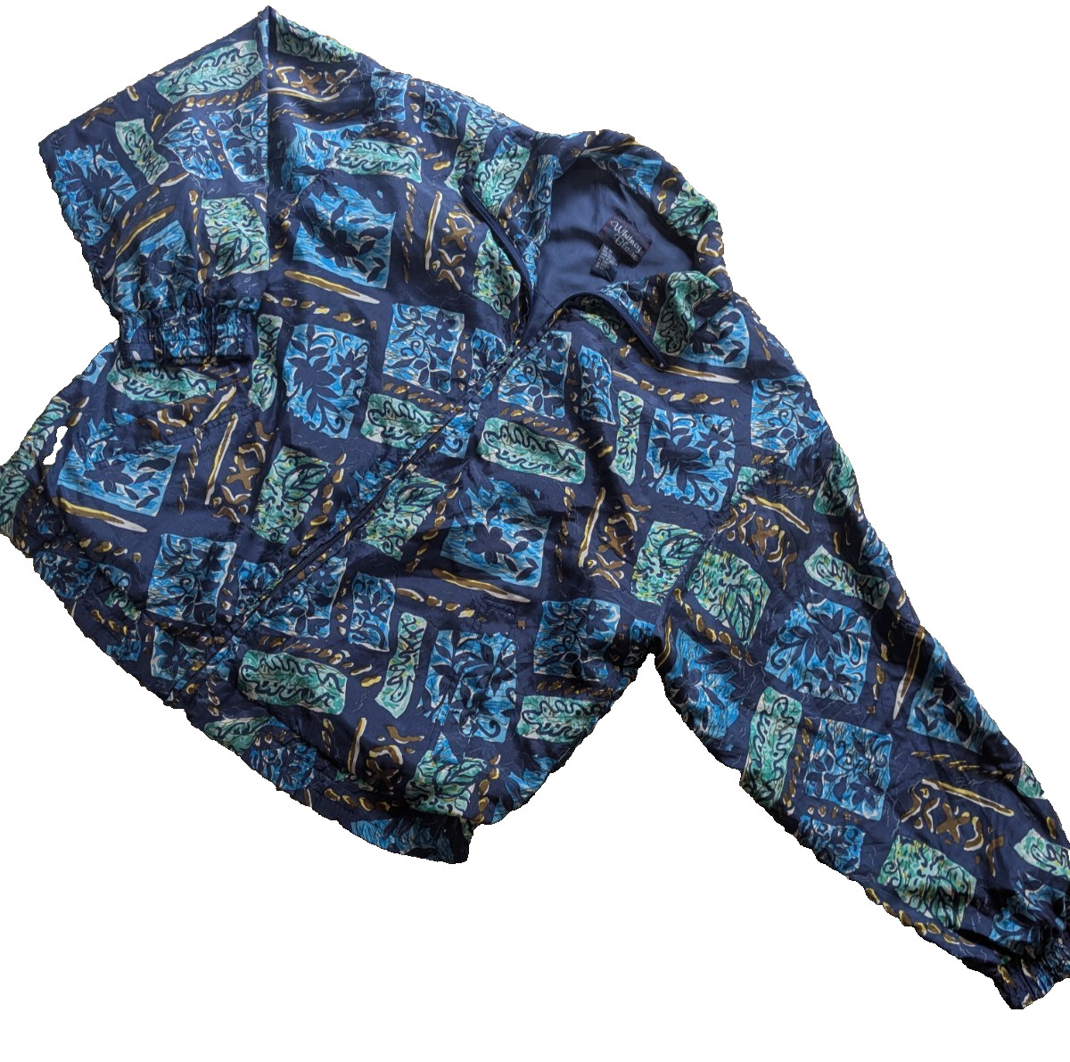 Whitney Blaire washable silk jacket blue brown teal floral vintage 80s 90s