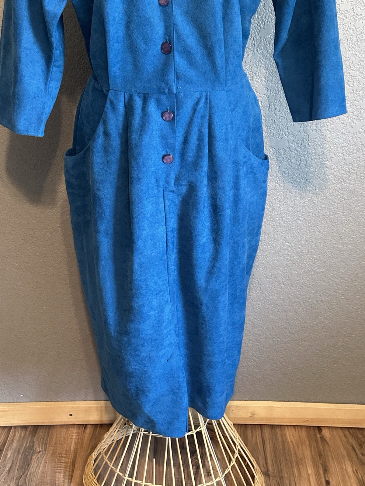 Vintage 80s Blue Button Up Fitted Dress Sz 14 Secretary Lightweight USA Office