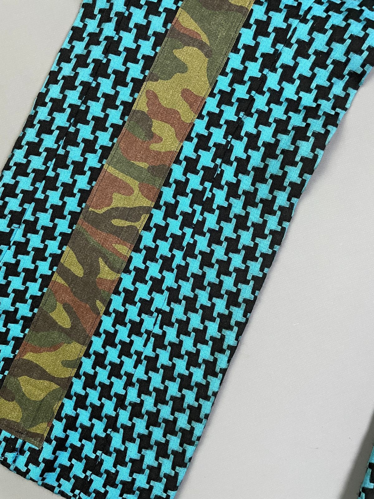 Comme Des Garcon 1990S CHUNKY WOVEN HOUNDSTOOTH & CAMO LIGHT FLARE TROUSERS Blue