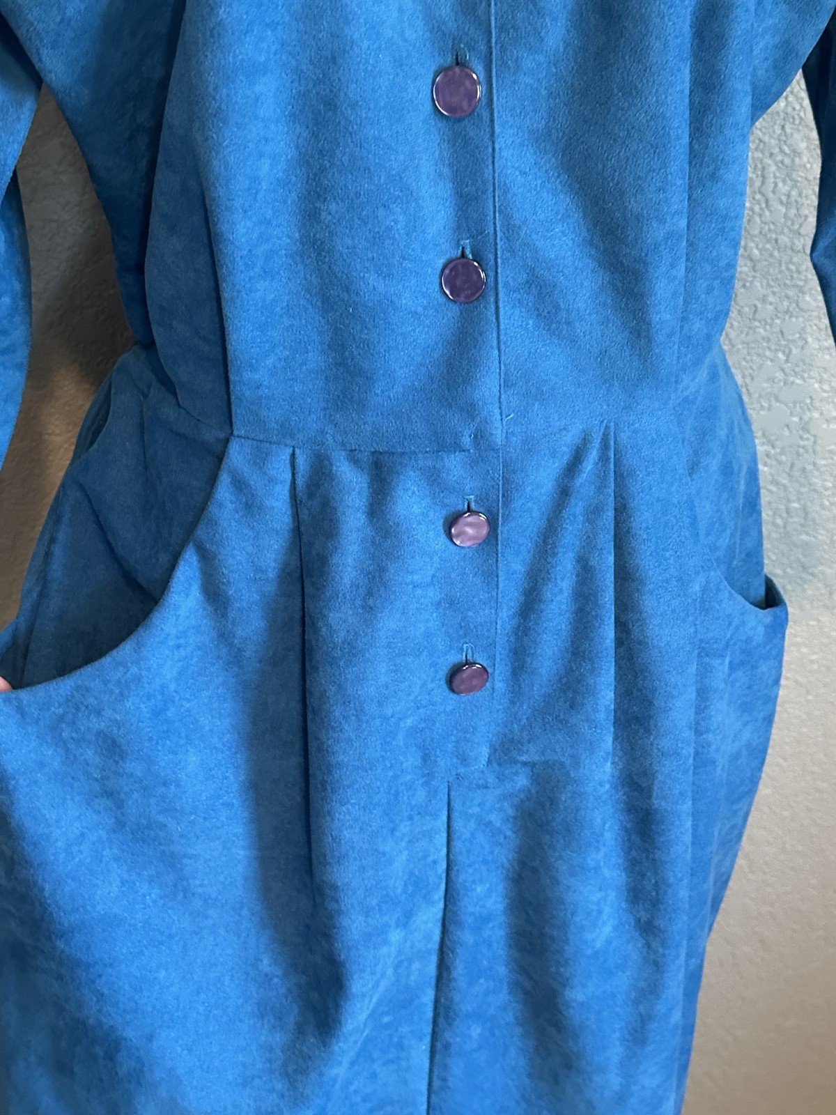 Vintage 80s Blue Button Up Fitted Dress Sz 14 Secretary Lightweight USA Office