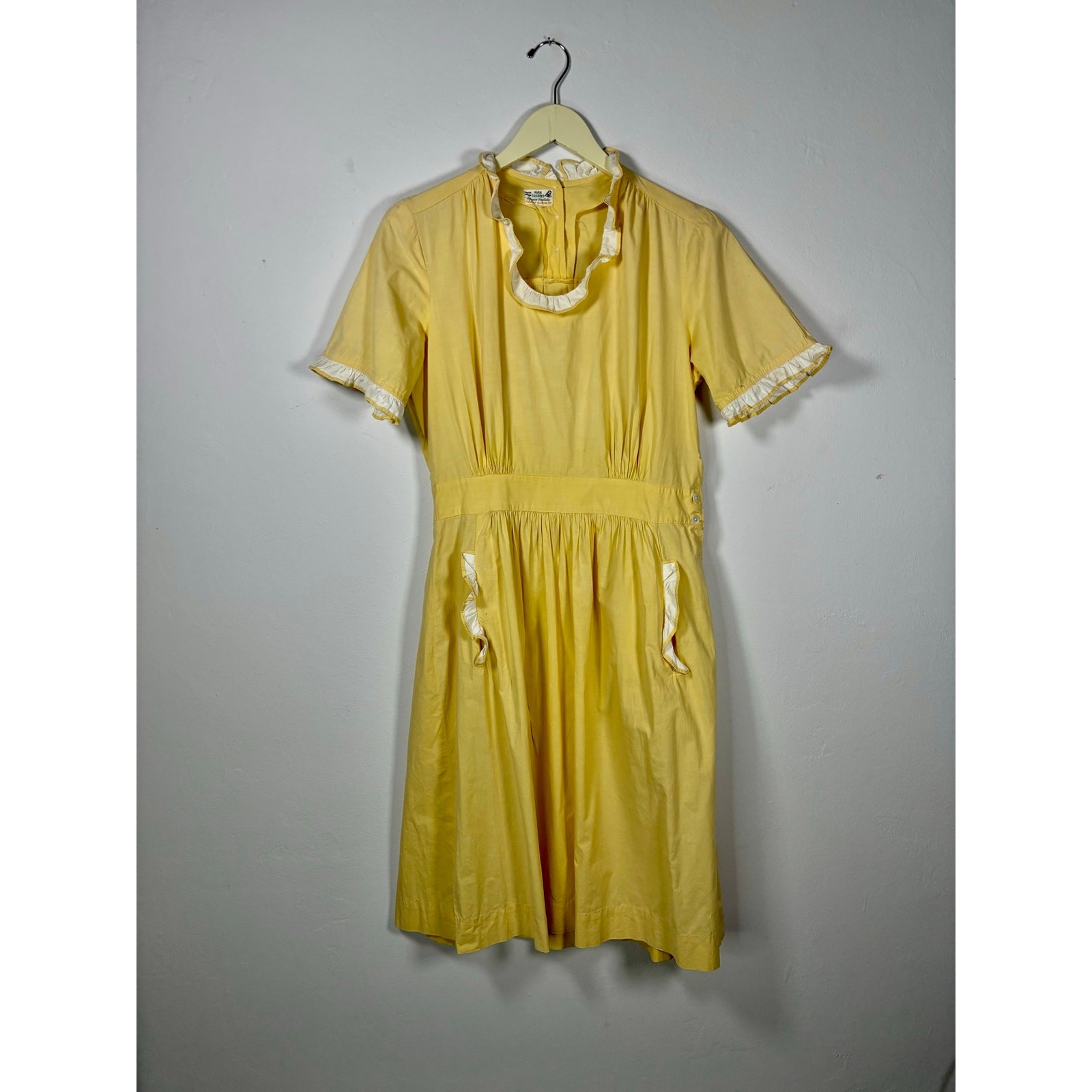 1950s Expensive Simplicity Yellow Cotton Ruffle Maids Uniform Dress As Is