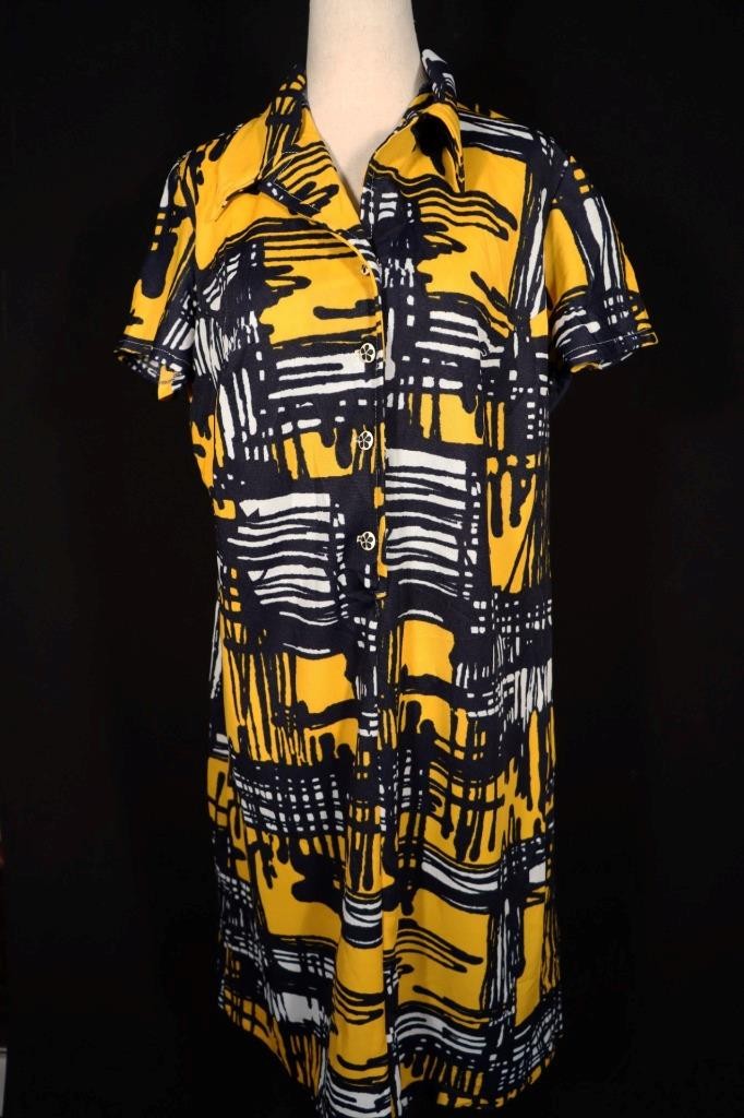 Vintage 1970&rsquo;s French Yellow & Black Poly Knit Dress Size 16+ Excellent Cond