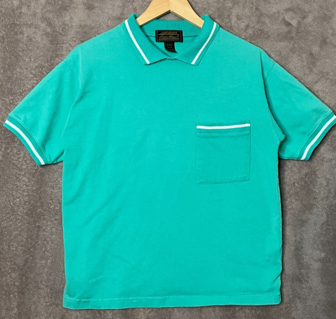 Vintage Eddie Bauer Sweater Polo Mens Medium Short Sleeve Teal Green Cotton Knit