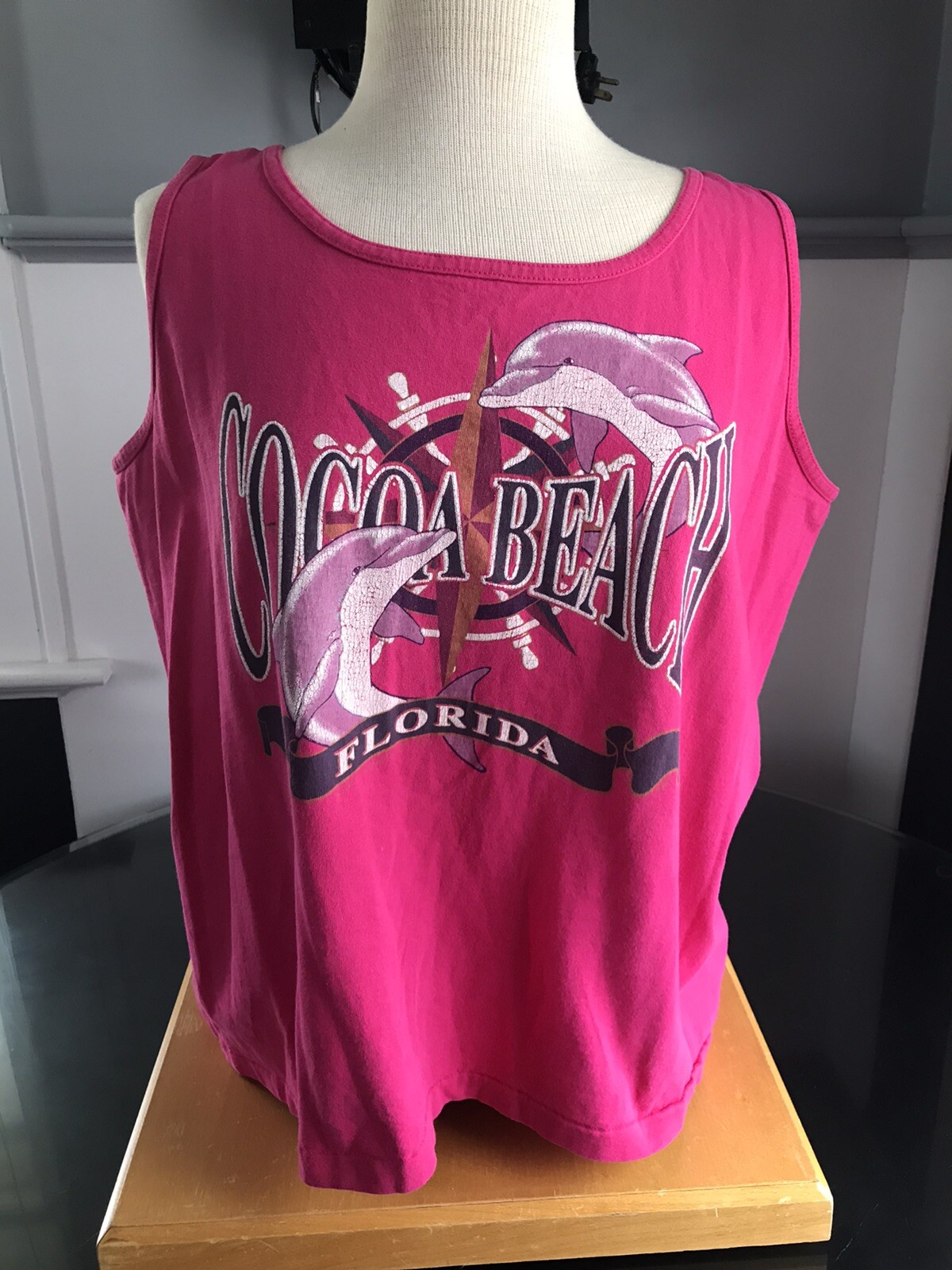 Vintage 1990s Womens Tank Top Pink Large Activewear Hanes Cocoa Beach FL USA