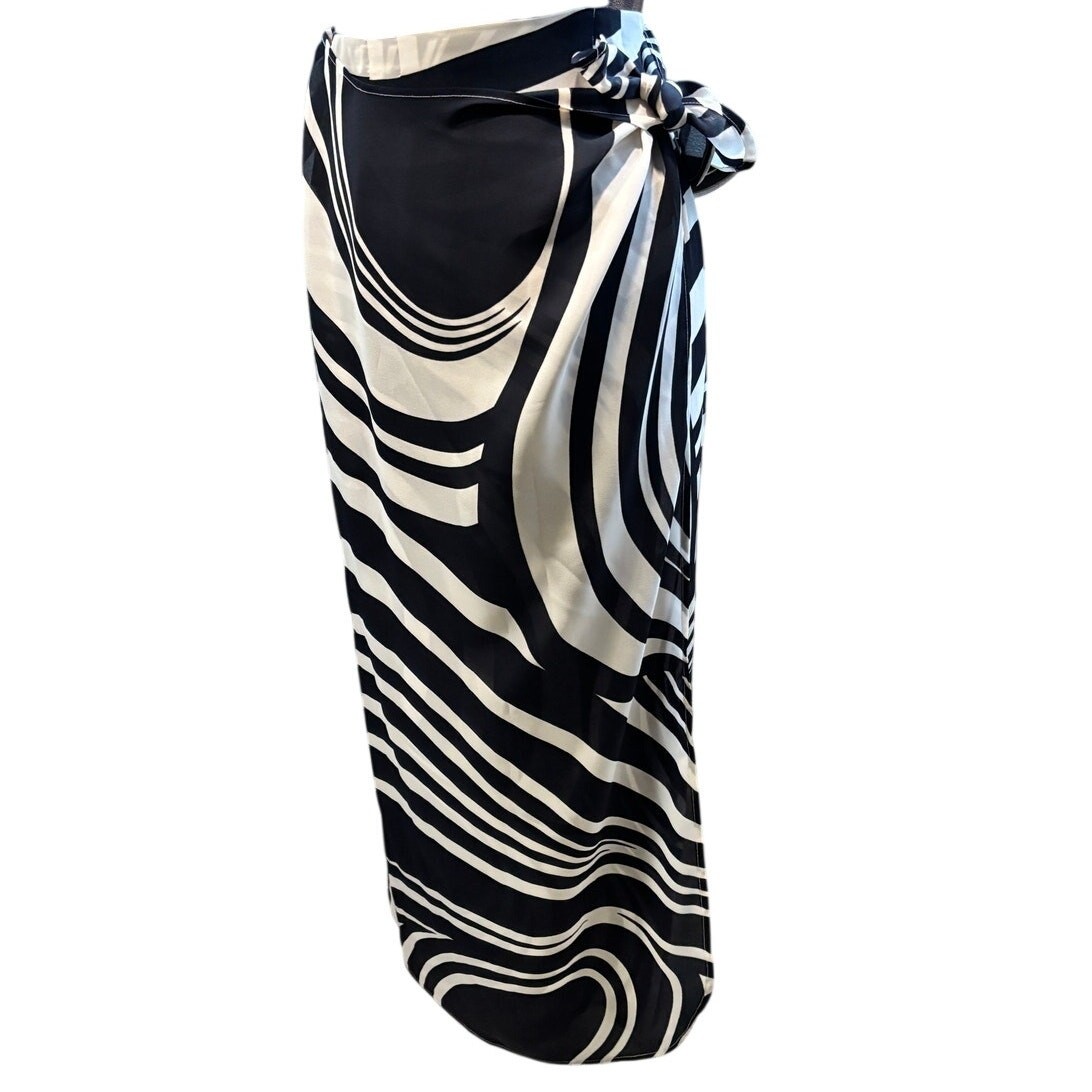 Vtg Judy Hornby Navy Blue White Abstract Wrap Sarong Midi Skirt Size 6 OpArt NEW
