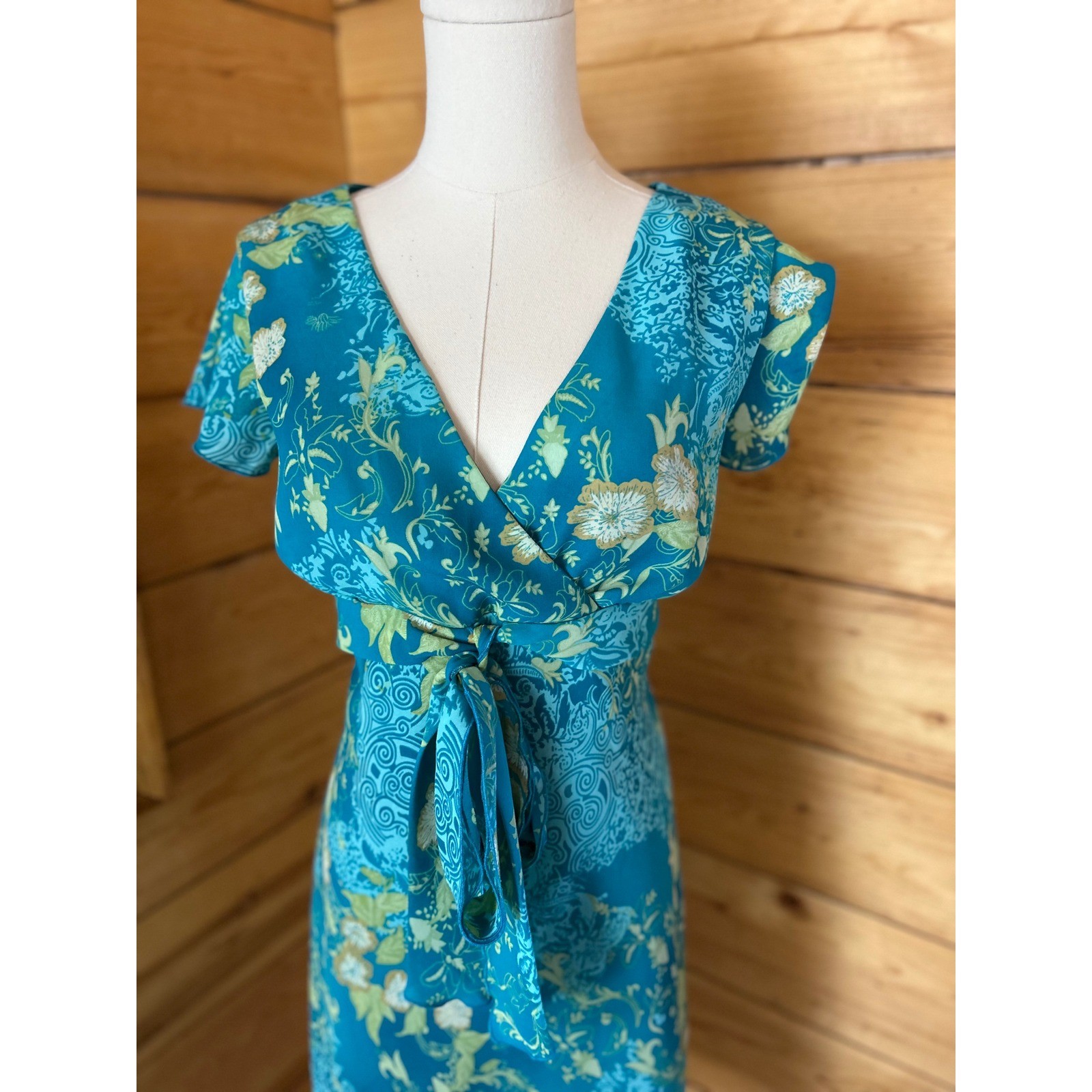 Vintage Faux Wrap Midi Dress Women Large Teal Blue Green Floral Jessica