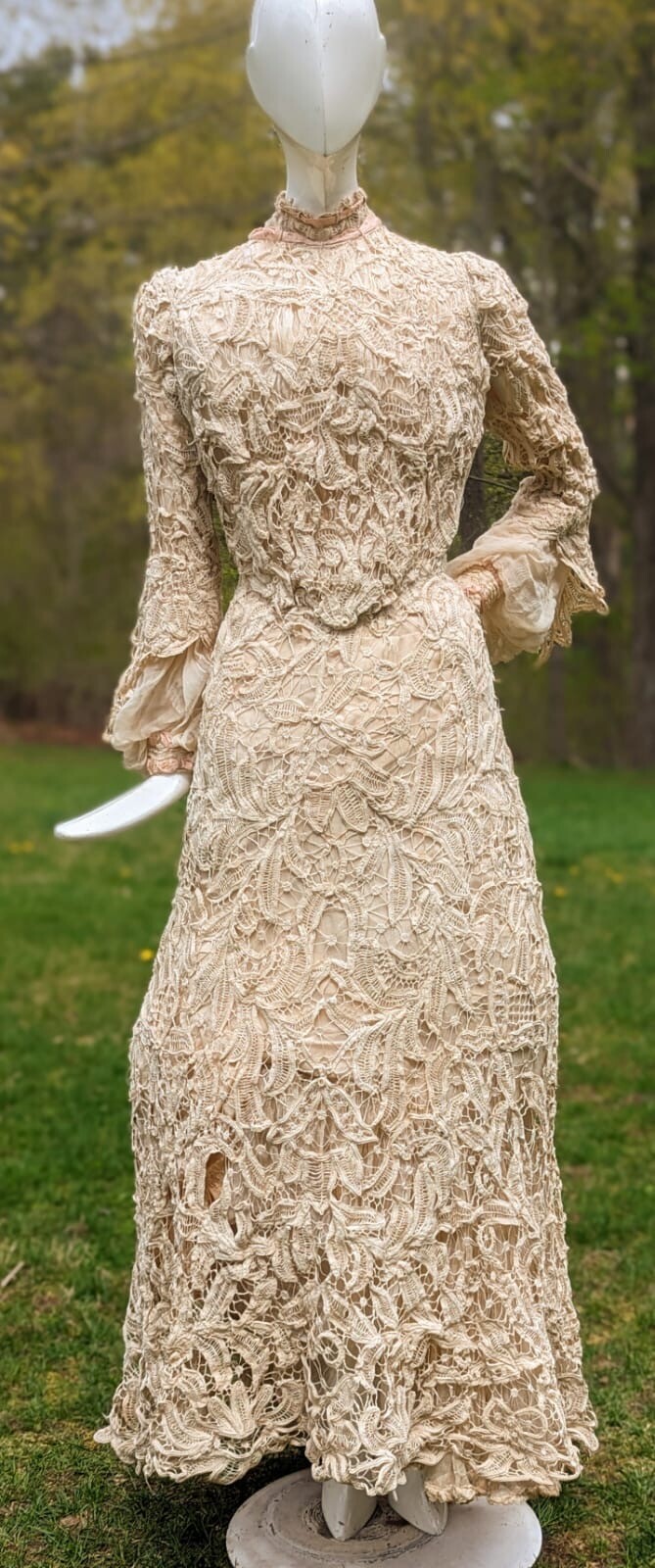 VICTORIAN HAND MADE BATTENBURG LACE DRESS W BELL SLEEVES + TRAIN