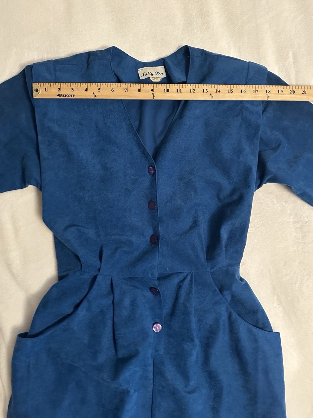 Vintage 80s Blue Button Up Fitted Dress Sz 14 Secretary Lightweight USA Office