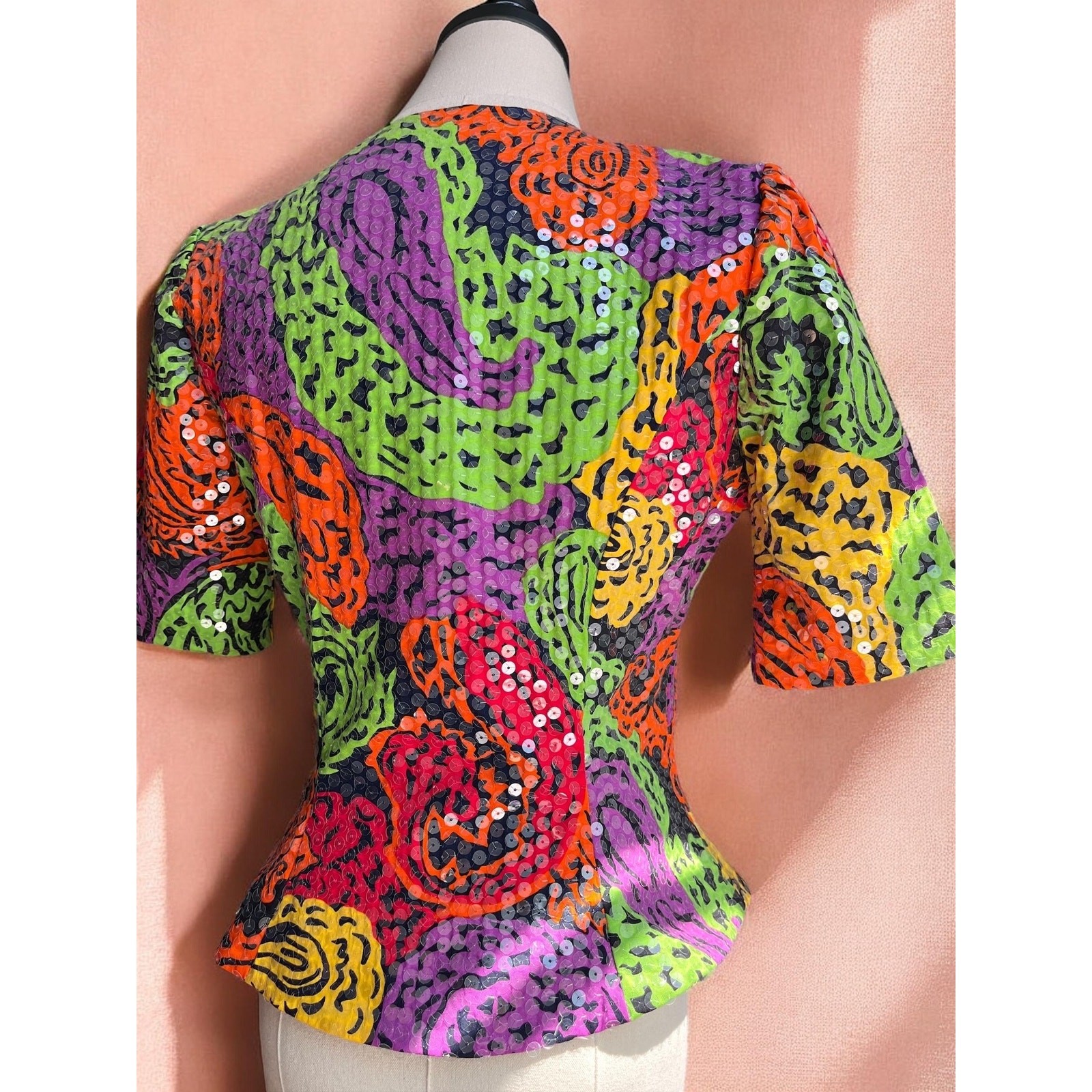 Vintage 80s Sequin Jacket Top | Neon Psychedelic Print Puff Sleeve Tailored |S/M