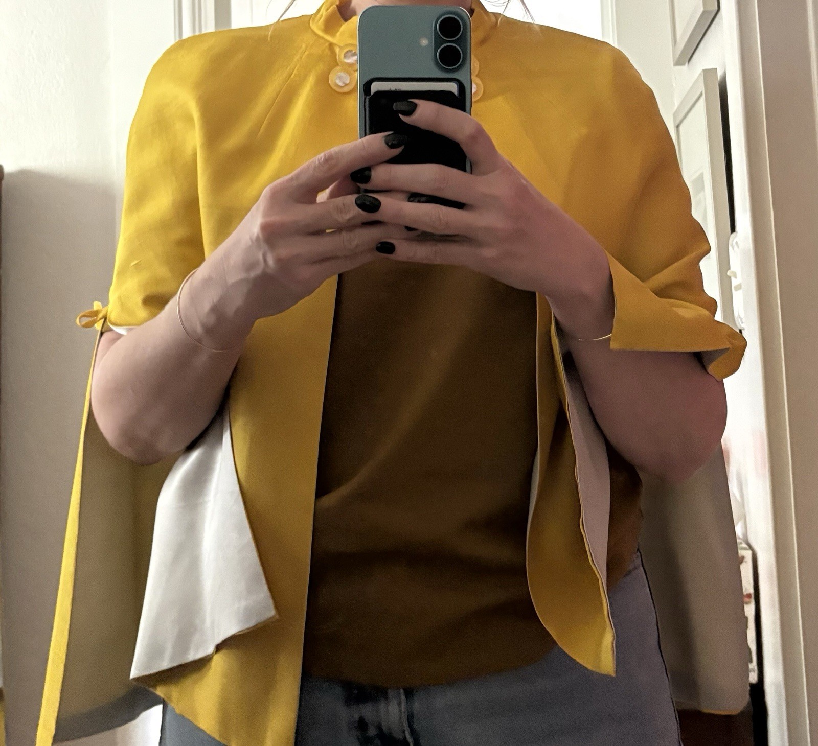 Vintage Bright Yellow Silk? Capelet Jacket with Pearl Buttons