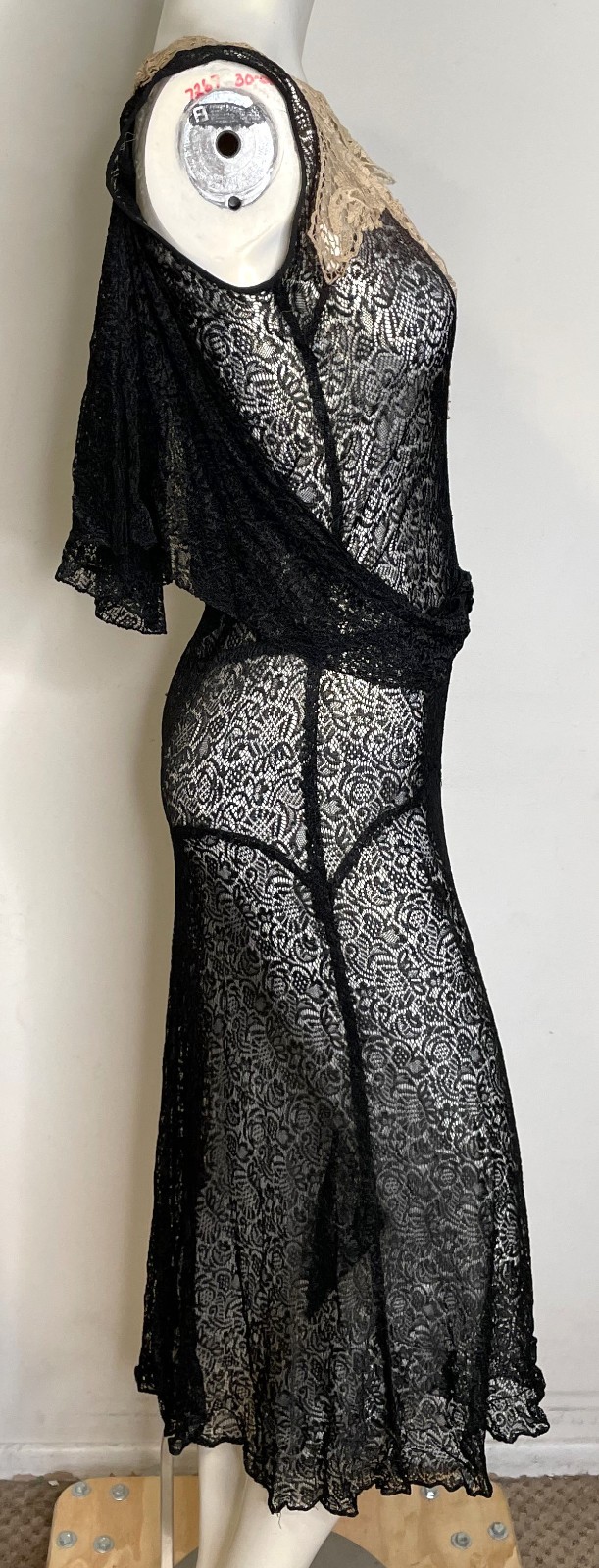 Antique 20s 30s Black Lace Art Deco Dress S M 3-in-1 Sleeveless Midi Fitted