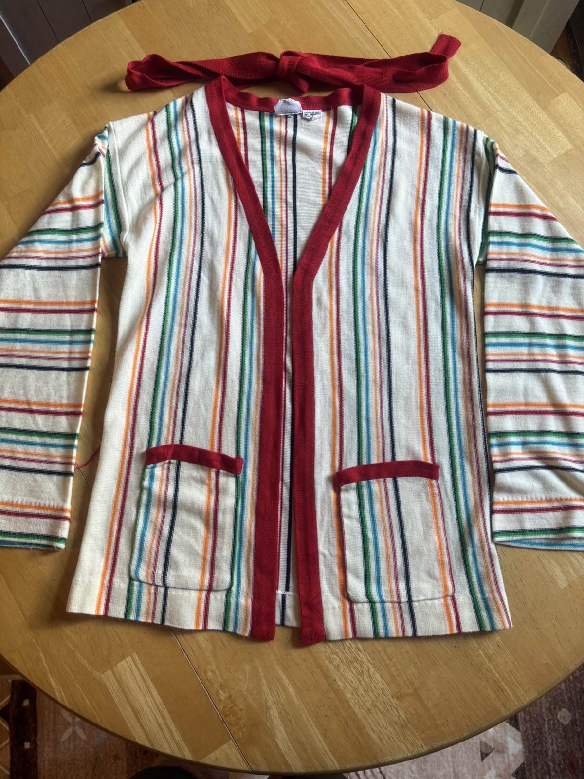 Women’s VINTAGE 70s rainbow-striped cardigan w/red trim, Open Front Design Sz M