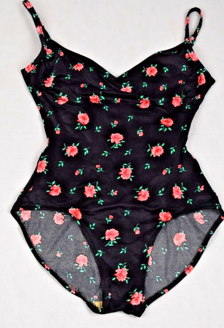 Vintage Swimsuit Sandcastle Size S/M 70s Black Sheen Pink Roses Heart Neckline