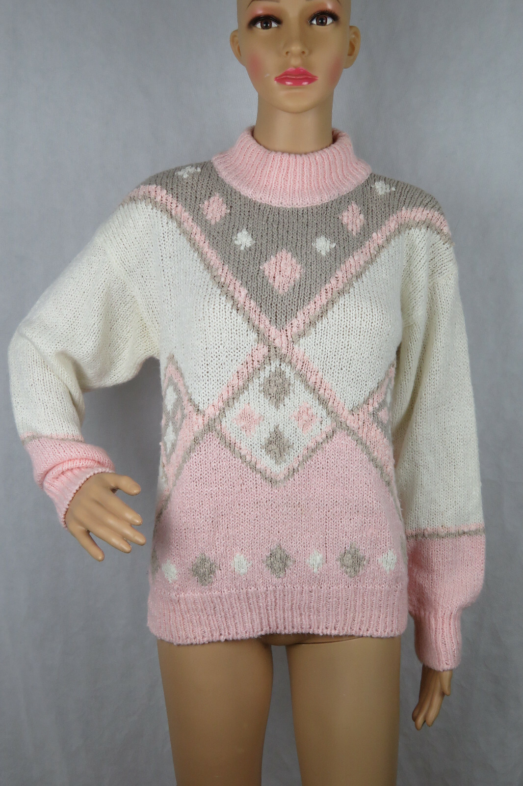 Vintage Deb Sweater 80s Pink Diamond Knit Fluffy Soft Medium Brown White Cute
