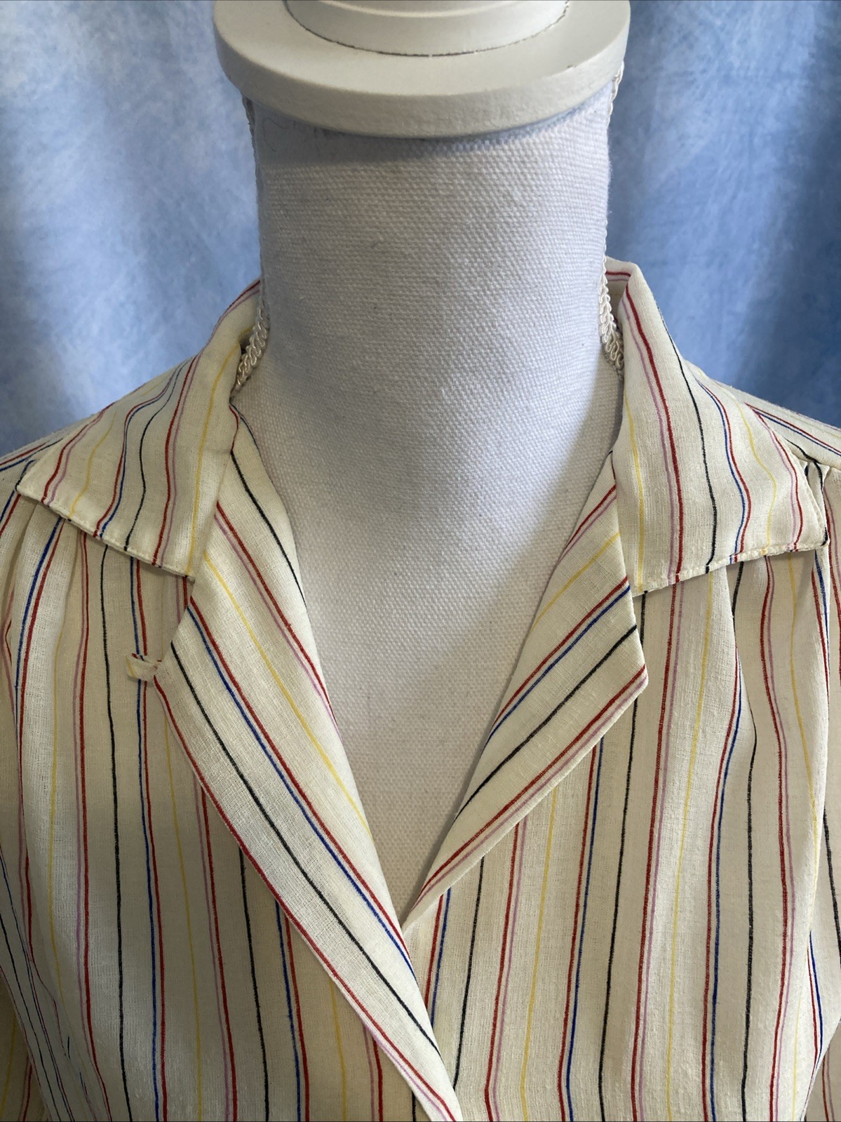 Vtg 70s SHAPELY Striped Blouse Sheer Dagger Collar Secretary Mod Disco Top Sz 12