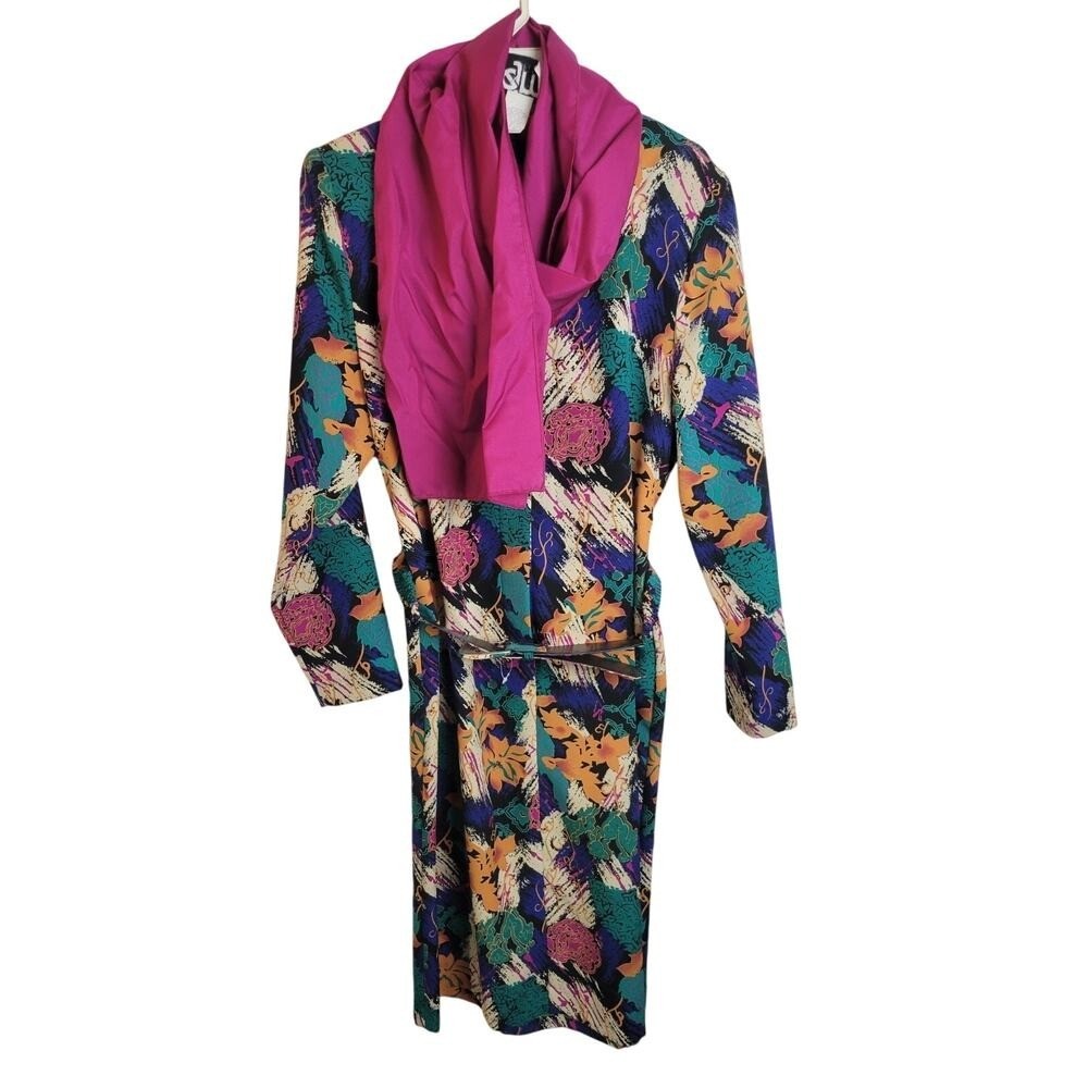 NWT VTG EJM Bold Green Blue Abstract Belted Dress with Scarf Women&rsquo;s Size 6P