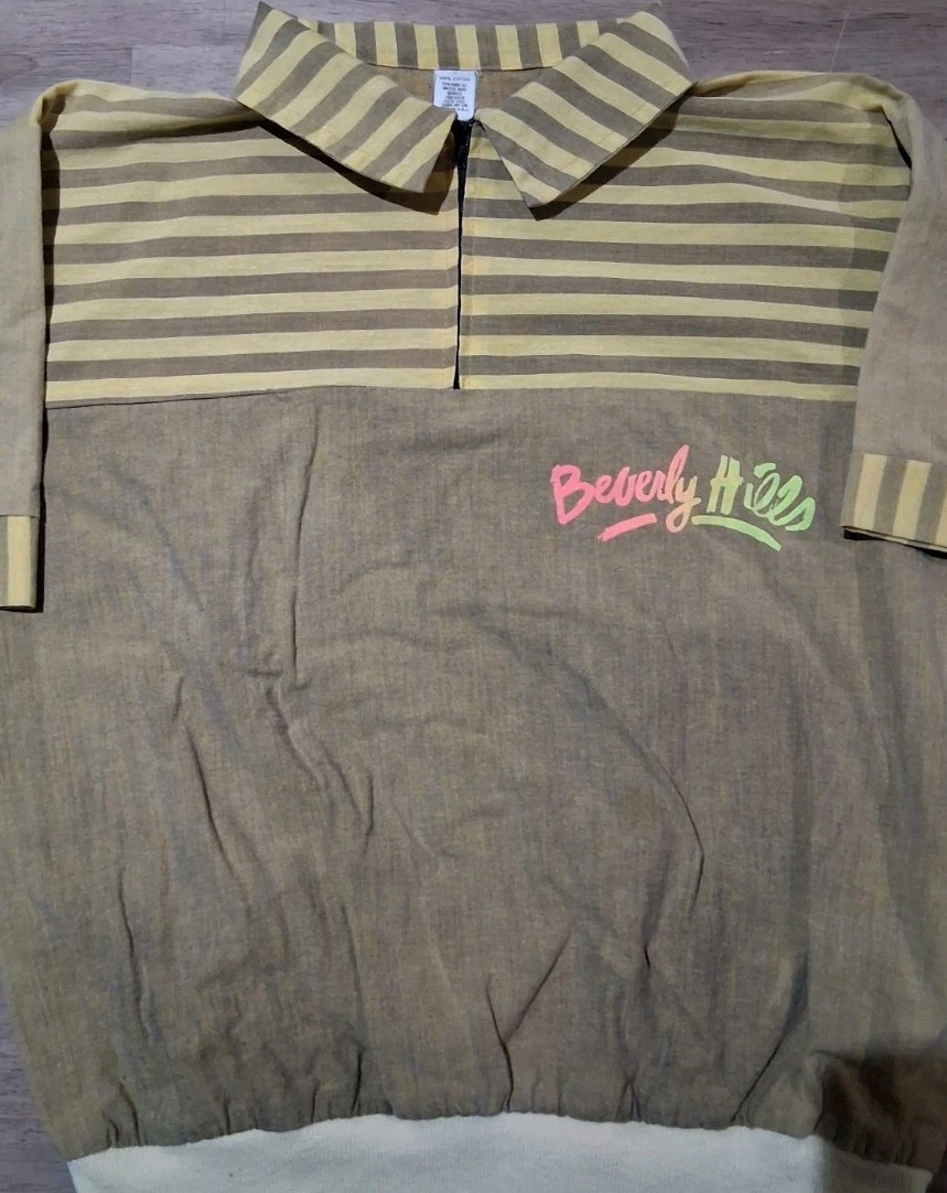 ​Vintage 80s Beverly Hills Women’s Polo Shirt XL Neon Logo Striped 1980s VTG