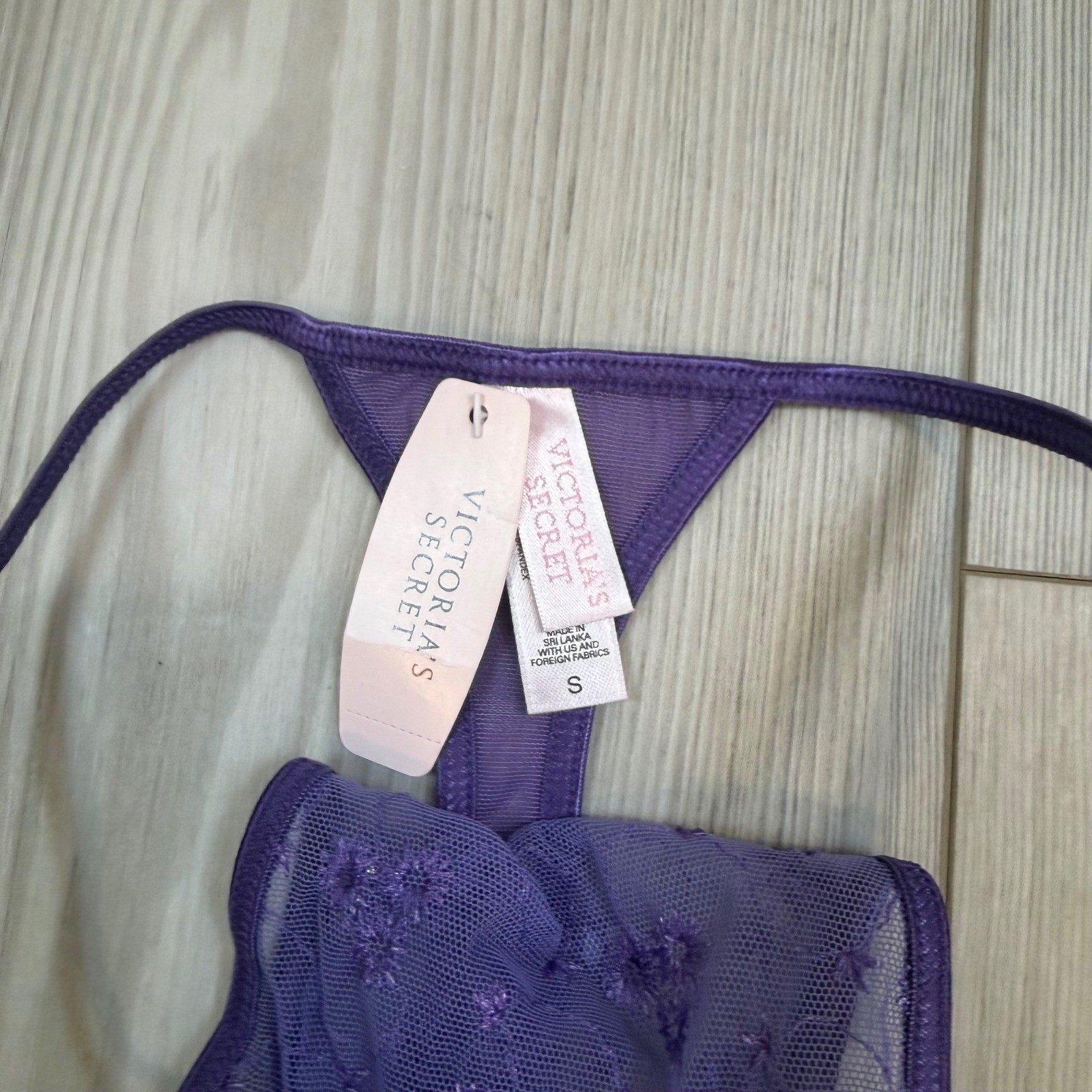 Vintage 2001 Victoria&rsquo;s Secret Purple Floral Mesh Sequin Thong V-String NWT S