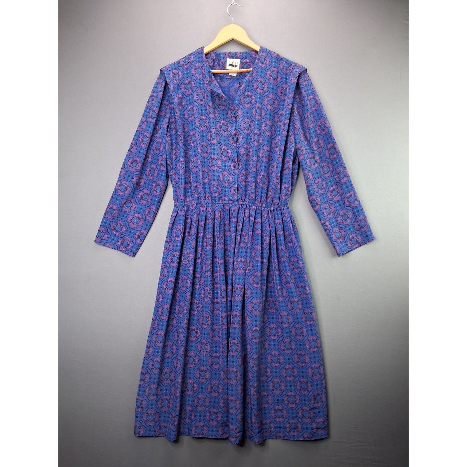 Leslie Fay Vintage Midi Dress Button Up 18 Blue Pink Mandala Long Sleeve Pleated