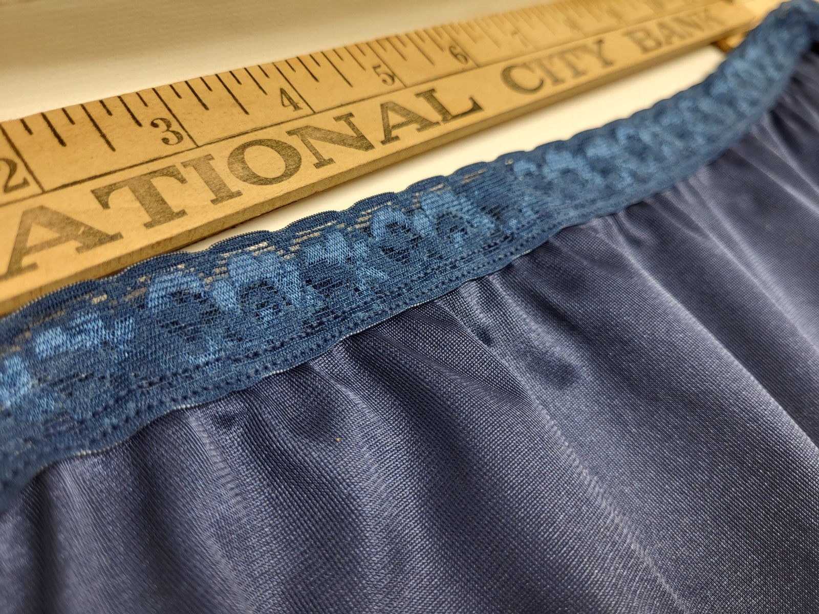 Vtg Navy Blue Satin Solid With Navy Iridescent Waist Lace Elastic Sz10 01111