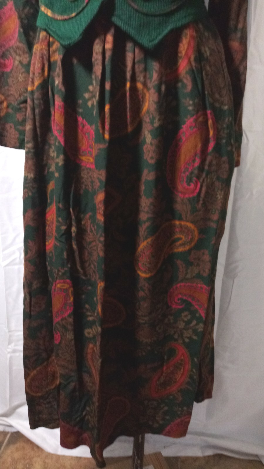 Vintage Another Thyme Paisley Vested Midi Pleated Dress Green Cottagecore Sz 8