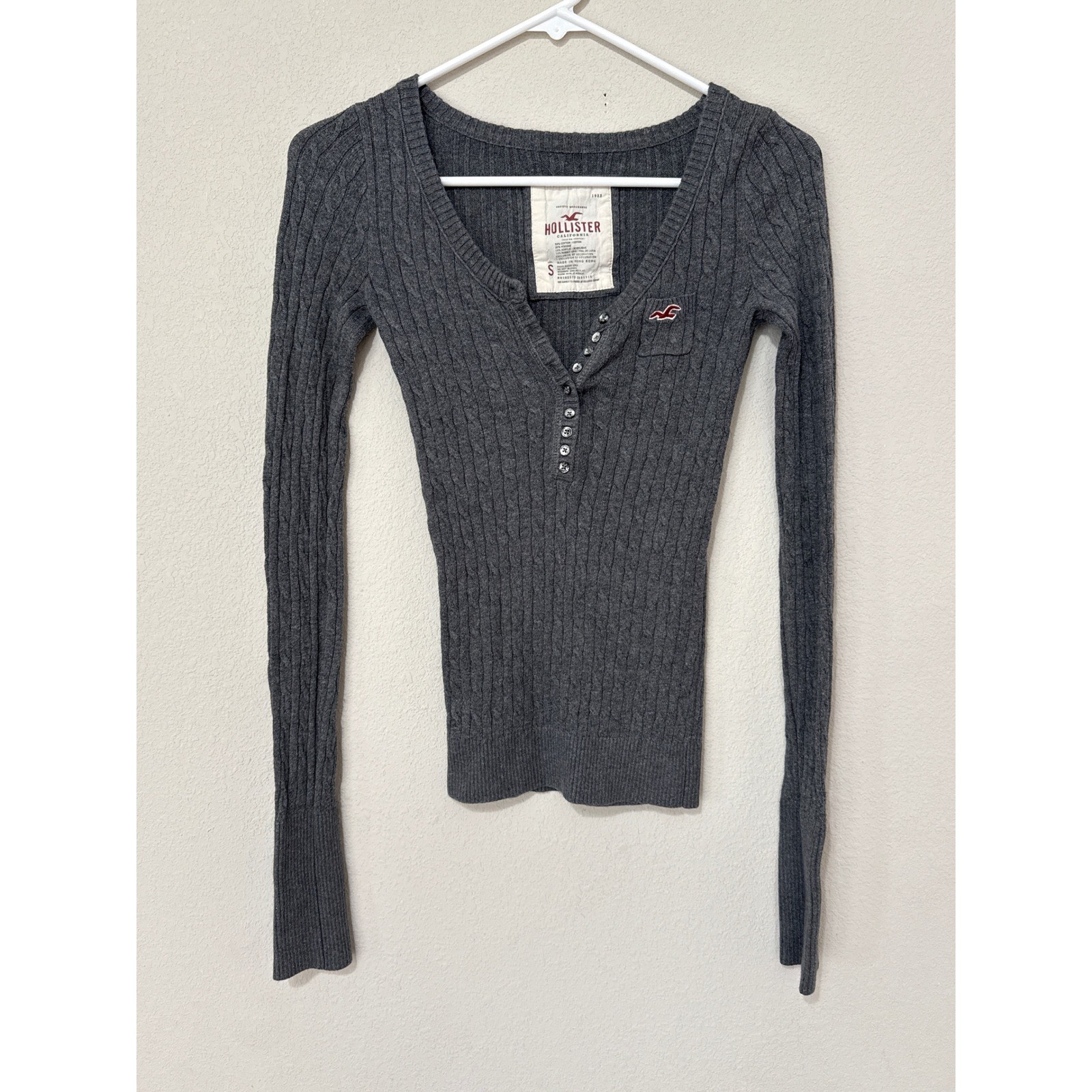 VTG Y2K Hollister Cable Knit Henley Gray Sweater Women&rsquo;s Small Bella Swan Elena
