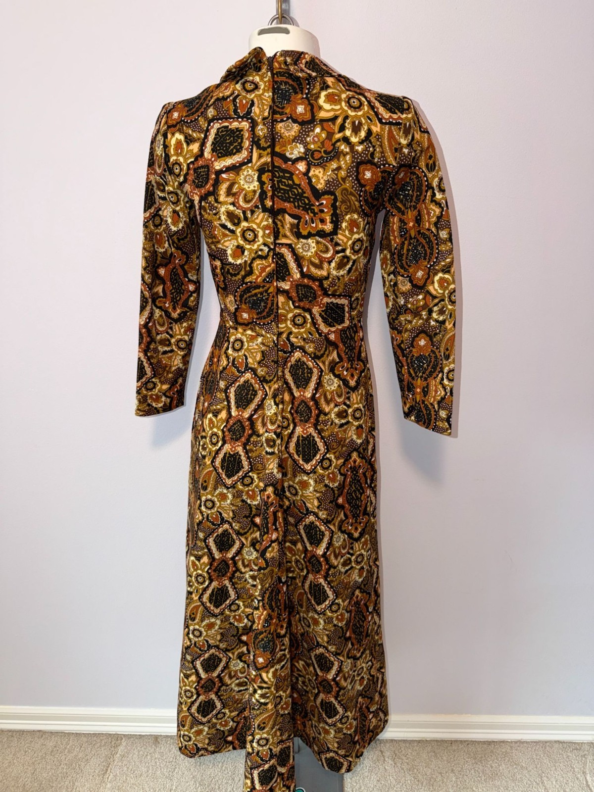 Vintage 70s Boho Psychedelic Paisley Floral Maxi Dress Earth Tones Medium Hippie