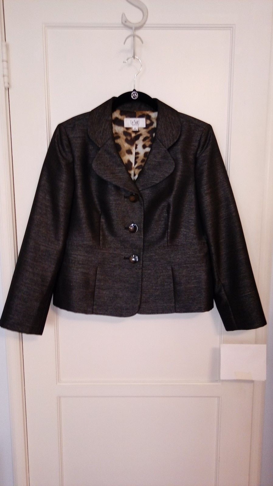 Le Suit Jacket Charcoal Gray Leopard Print Lining Size 16 Petite