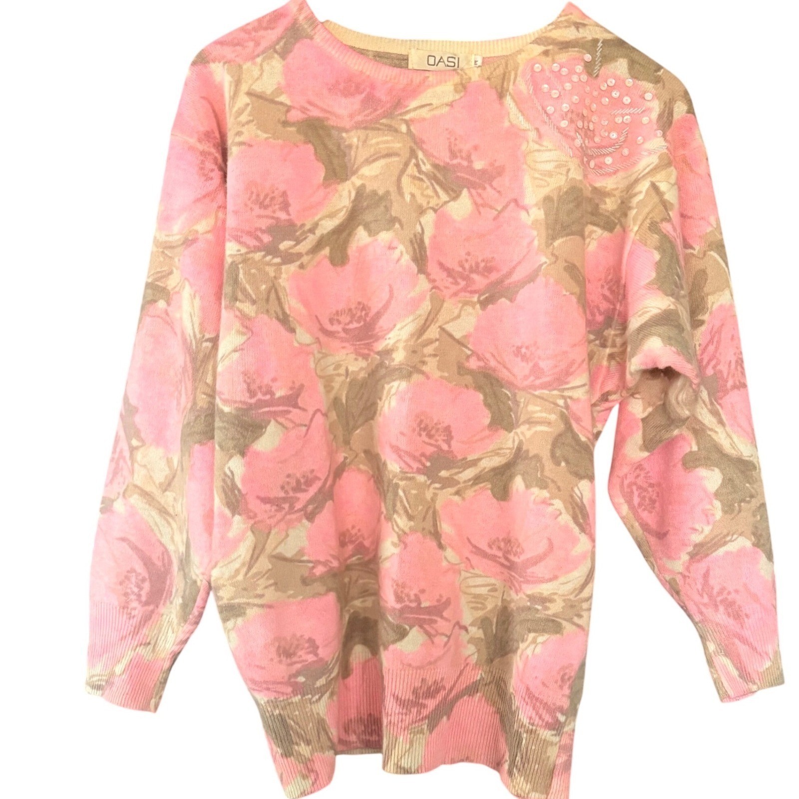 OASI Vintage Pink Floral Lambswool Angora Beaded Sweater Women&rsquo;s MEDIUM Cottage