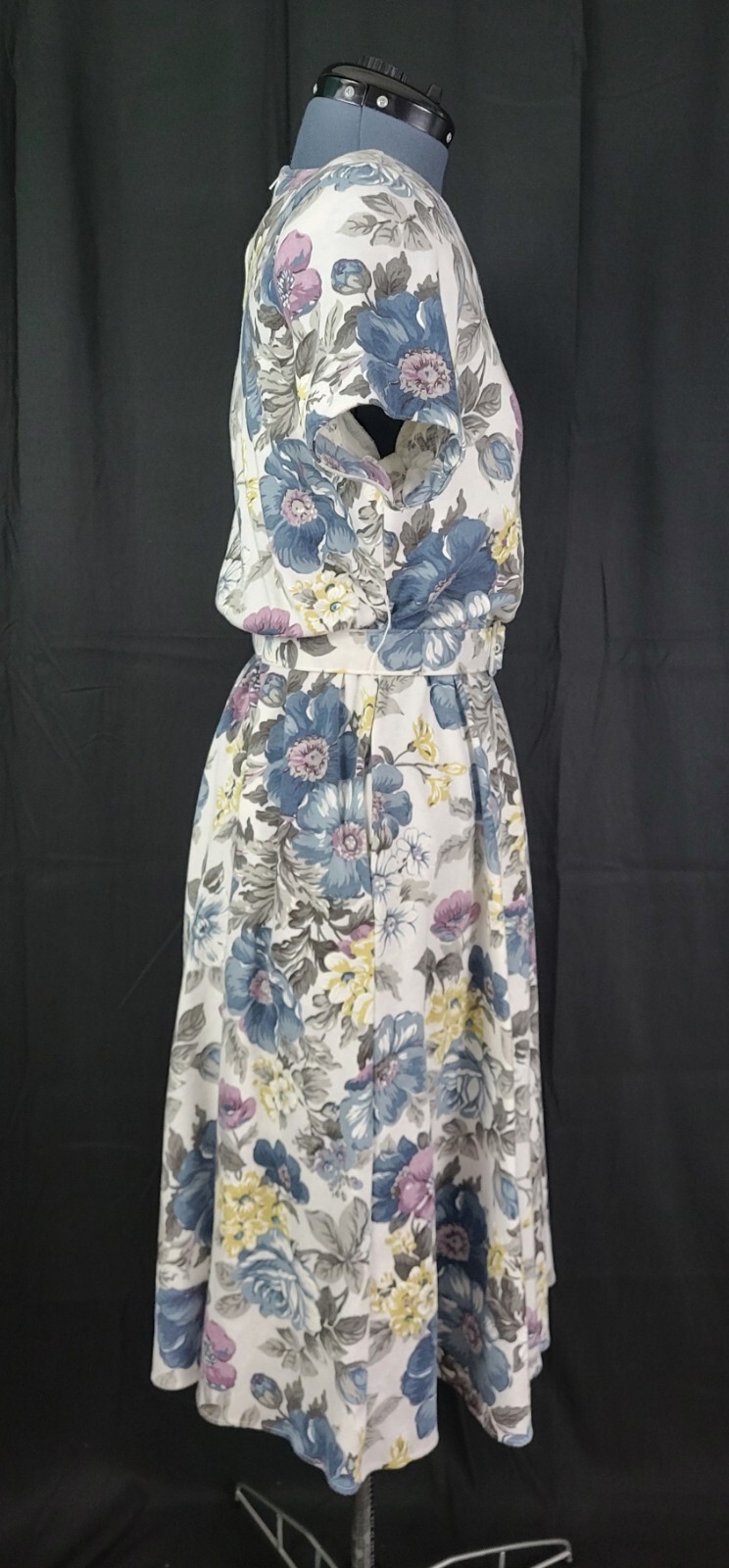 Vtg Stuart Alan Petites White/Blue/Purple Floral Blouson Knit Dress Size 8P
